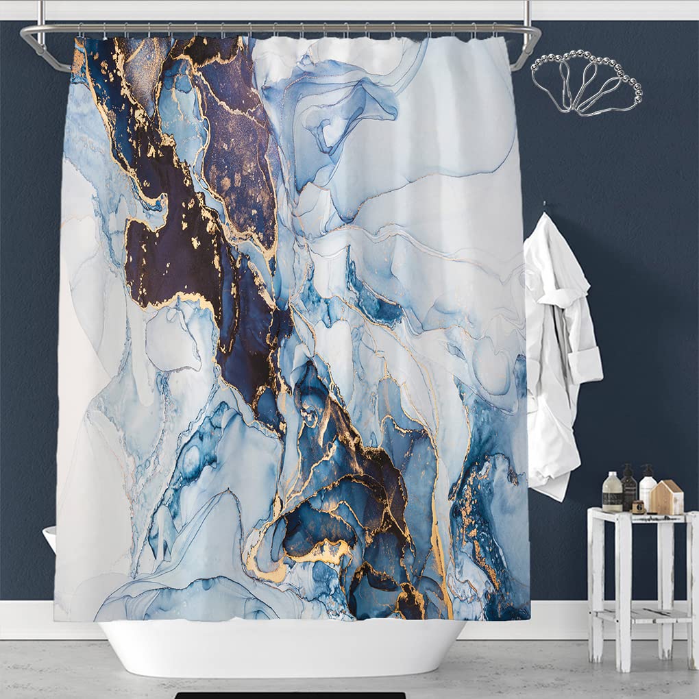 DeKeLaiFu Cloth Fabric Marble Shower Curtain Blue Gold Purple White with Steel Hooks, Modern Abstract Watercolor Ombre Art Glitter Shower Curtains Bathroom Waterproof Weighted, 180x180cm