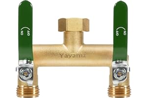 Yayamz Garden Hose Splitter, 3/4” Rust and Freeze Resistant Outdoor Hose Manifold with 2 Green Extra Long Handles Faucet Adapter-Heavy Duty Brass 2-Way Valve