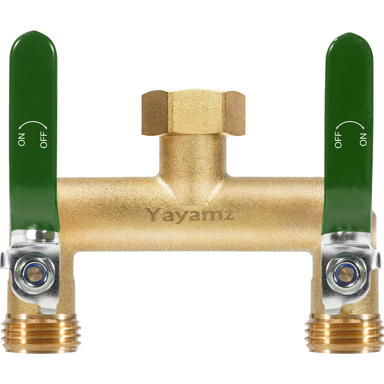 Photo 1 of Yayamz Garden Hose Splitter, 3/4” Rust and Freeze Resistant Outdoor Hose Manifold with 2 Green Extra Long Handles Faucet Adapter-Heavy Duty Brass 2-Way Valve