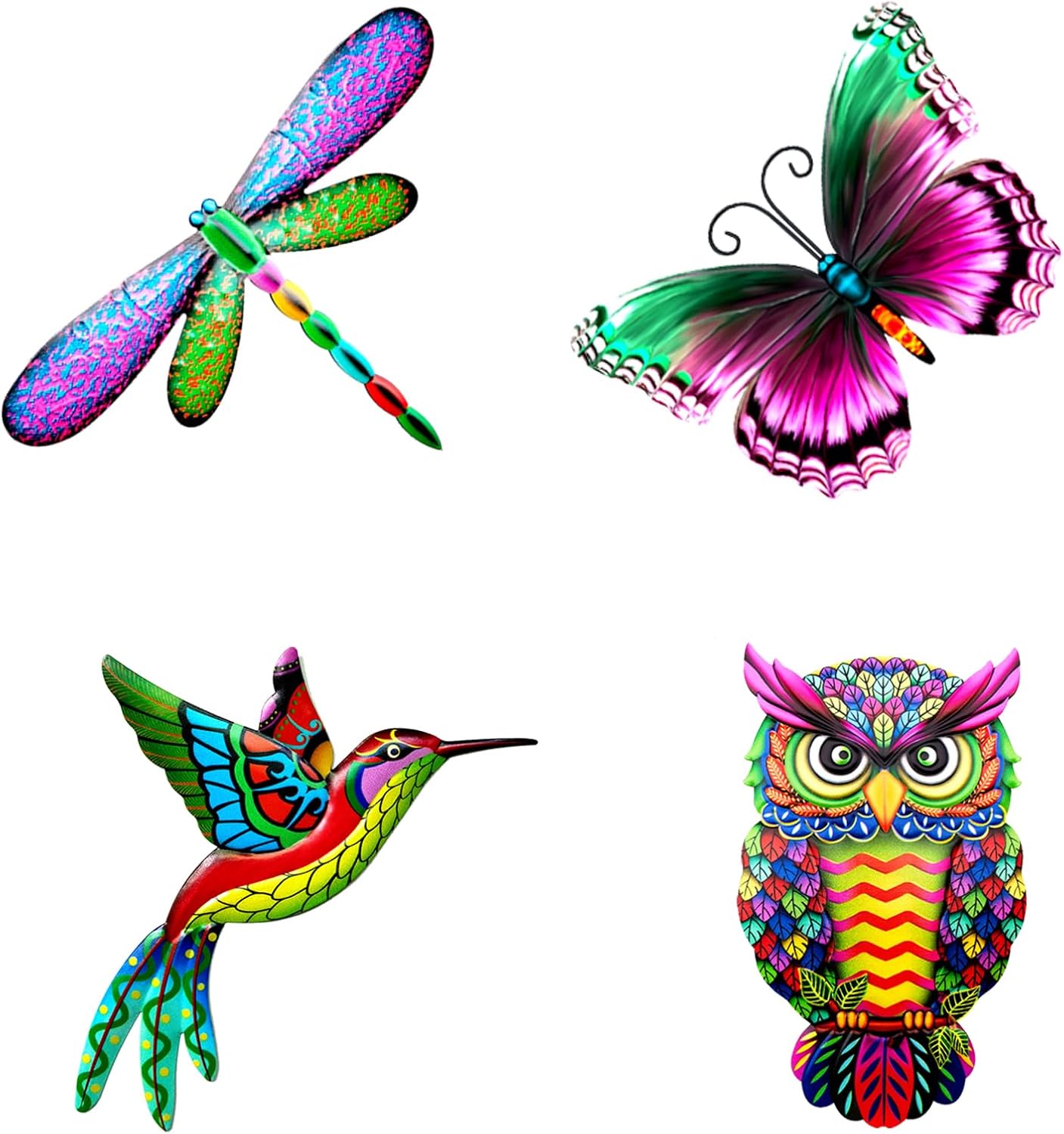 Plaques & Wall Art - Wetufin - 4pcs Garden Wall Art Decor Set - 1 Metal Butterfly & 1 Dragonfly & 1 Owl & 1 Hummingbird Styles Metal Wall Decor Outdoor Hanging Multicolored Handmade Outdoor Decor, Exquisite