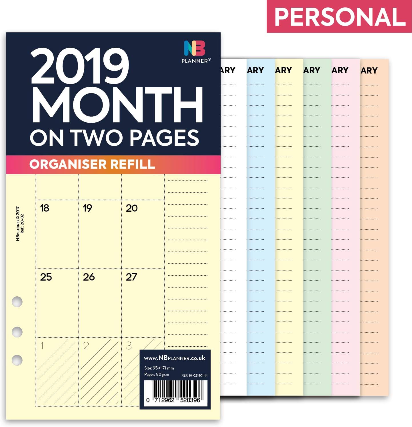 NBplanner® 2019 Months on Two Pages Filofax Personal Diary Compatible English Diary Refill for Organiser Coloured Insert a5 Yellow