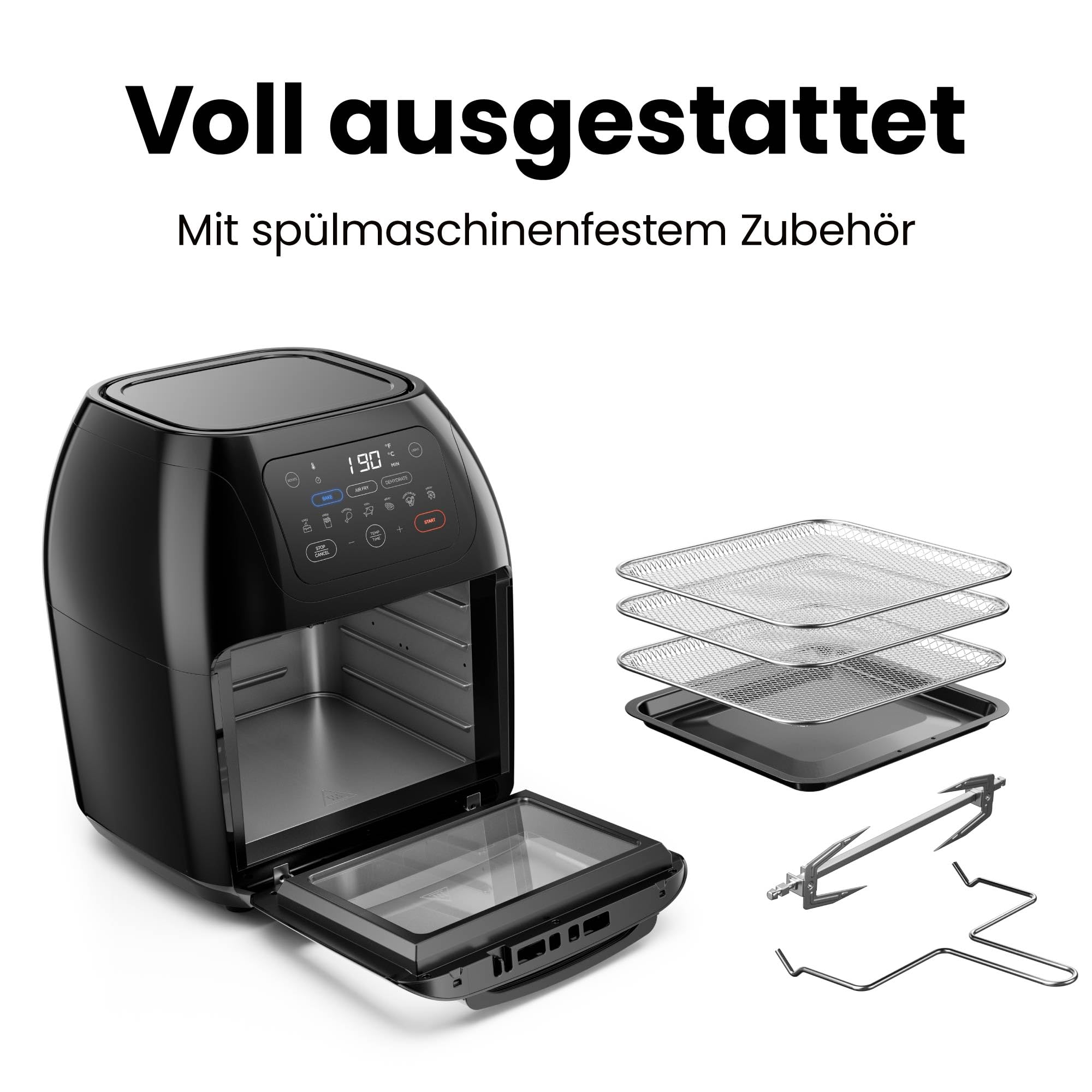Chefman Multifunktionale Digitale Heißluftfritteuse + Rotisserie, Dörrautomat, Konvektion, 17 Touchscreen-Voreinstellungen, XL 10L Familiengröße, Automatische Abschaltung, Großes Sichtfenster, Schwarz 8