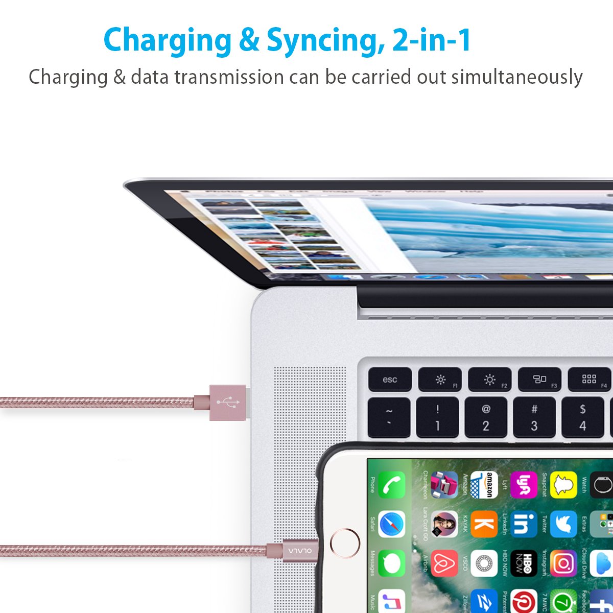 [Apple MFi Certified] OLALA 3.3 Feet/1 Meter Nylon Braided Lightning to USB Cable Sync and Charging Charger Cord for iPhone, iPad and More (Rose Gold)