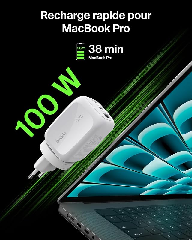 Chargeur Secteur GaN 3 Ports USB-C 100 W, 2 Ports USB-C et 1 Port USB-A, Fiches électriques UE/R.-U. / É.-U., pour MacBook, iPhone, iPad Pro, Samsung Galaxy, Google Pixel, etc - Blanc