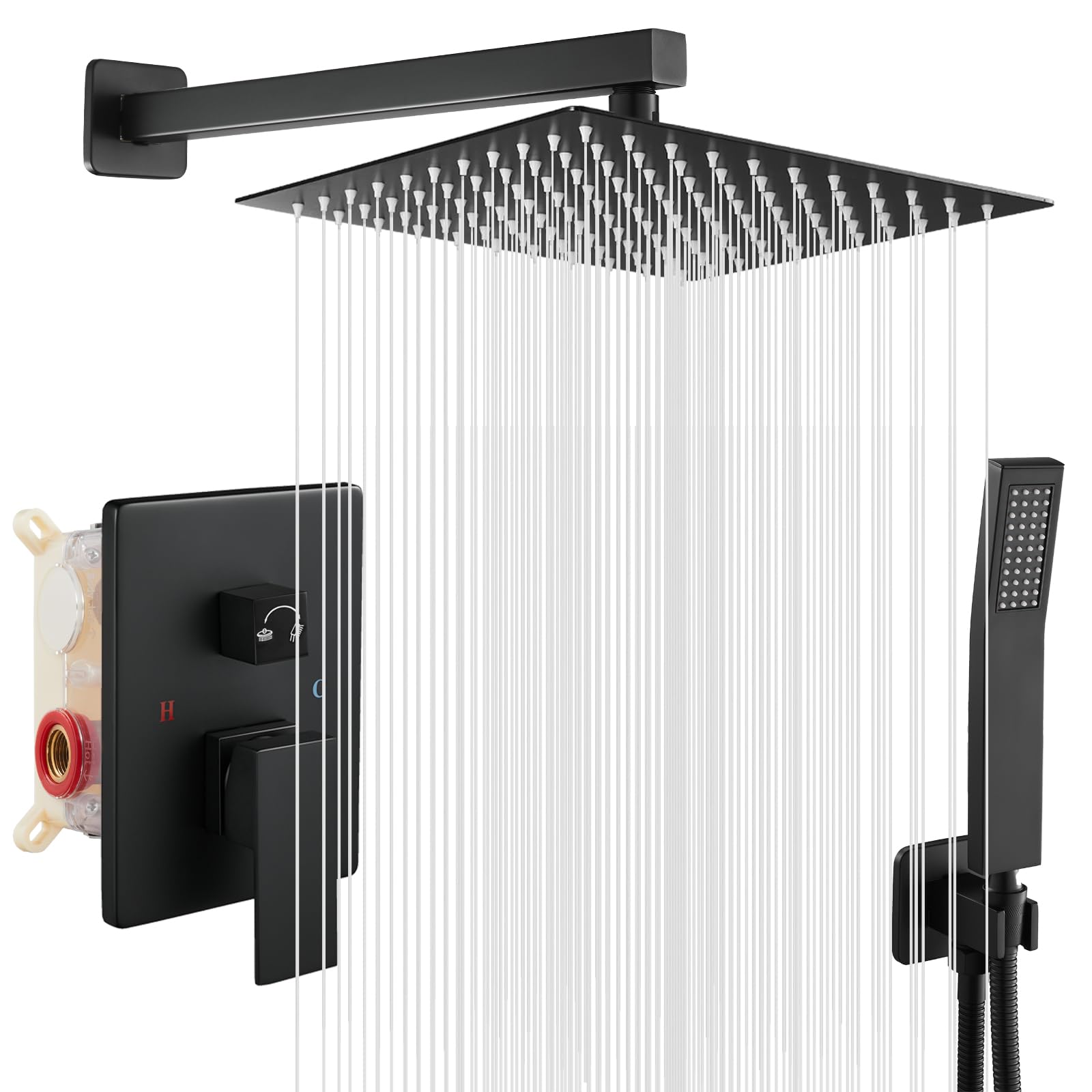 ROVOGO Black Shower System Concealed with 25 x 25 cm Overhead Rainfall Shower Head and Handheld Shower, Brass Shower Mixer Tap Set Wall Mounted, Stainless Steel Twin Head Shower System for Bathroom