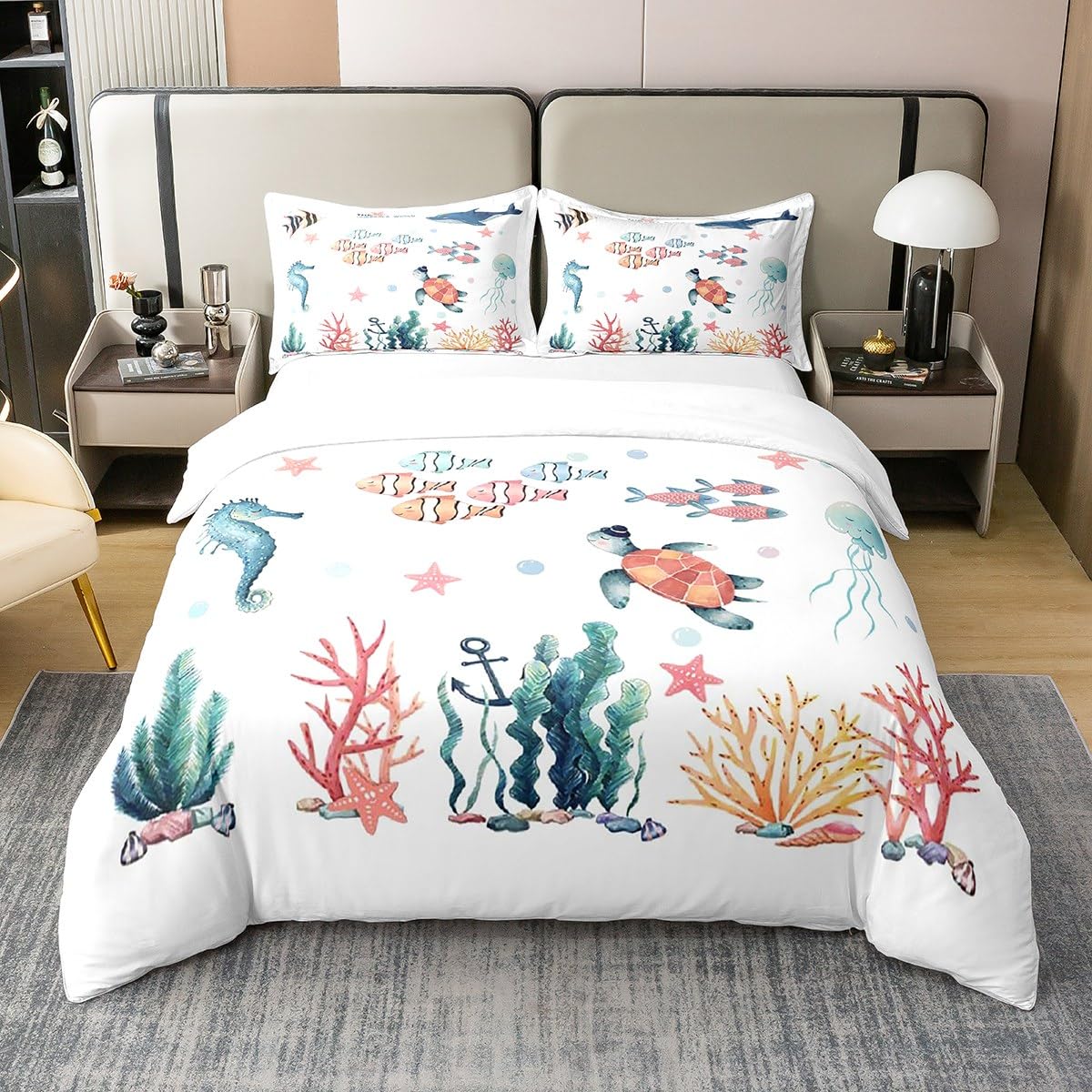 Ocean Turtle Kids Cotton Duvet Cover Set - Marine Decor for Boys - Beach Starfish & Seahorse Design - Double Bedroom