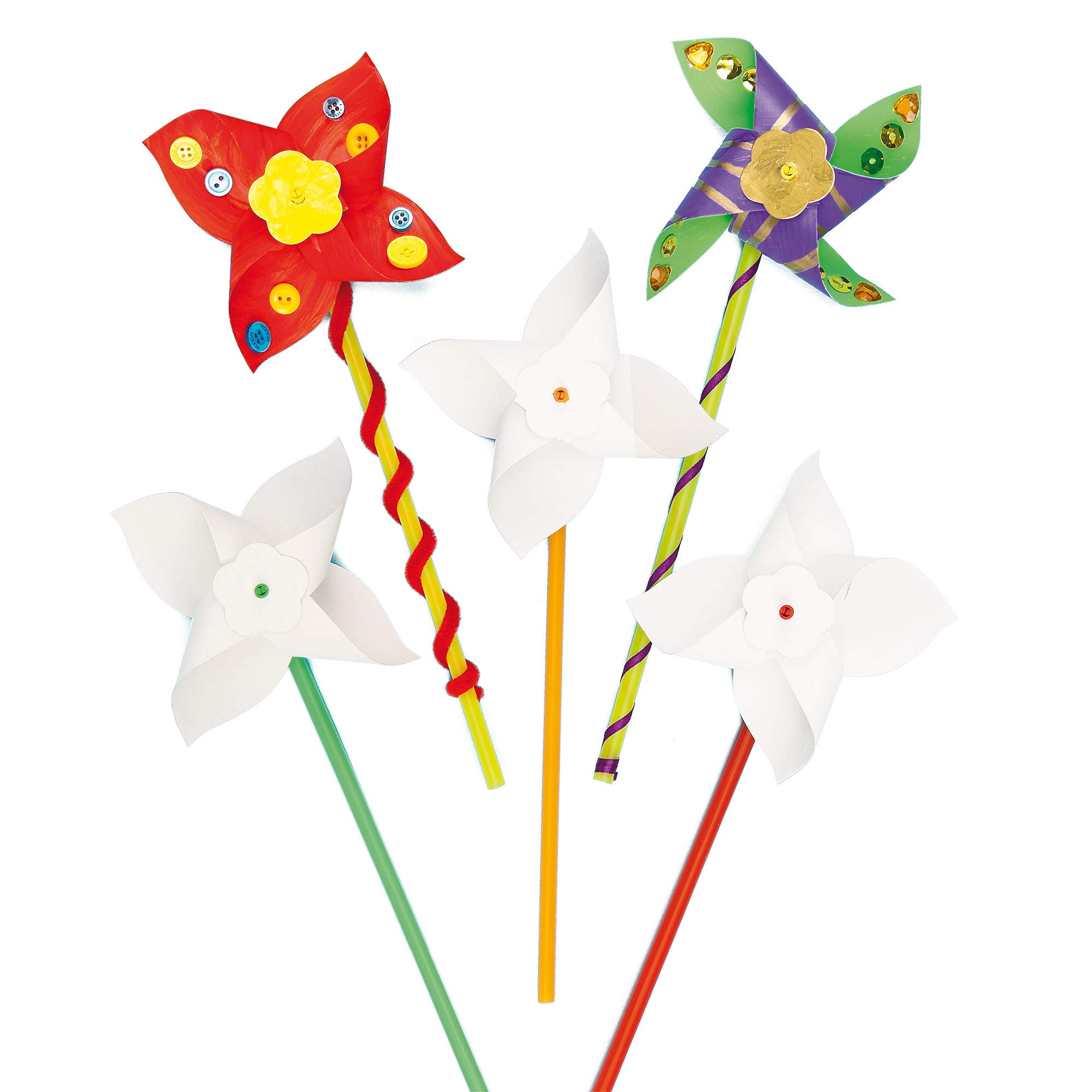 Baker Ross Windmill Craft Activity Pack (Pack of 8) Make Your Own Pinwheel Kit for Kids to Decorate, White, 8 Pack