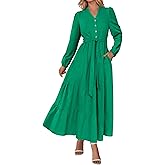 PRETTYGARDEN Maxi Dresses for Women Spring Long Sleeve V Neck Belted A Line Flowy Boho Wedding Guest Dress Pockets
