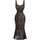 GORGLITTER Women's Lace Bodycon Fishtail Midi Dress Graduation Prom Wedding Guest Y2K Ruched Asymmetrical Summer Dress