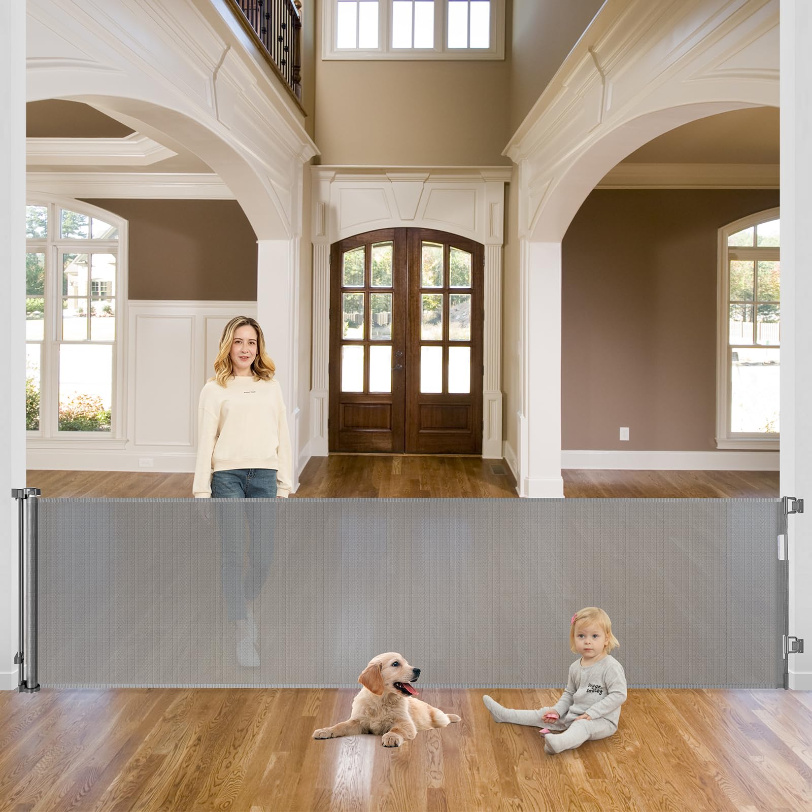 Photo 1 of 115 Inch Retractable Pet Gate for Dogs Indoor Scratch-Resistant Extra Wide Baby Gate Retractable Baby Gates for Doorways One-Hand Operation 9.5ft Extra Wide Puppy Gates for The House Long, Gray