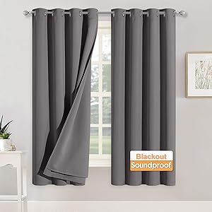 RYB HOME Noise Cancelling Curtains - 3 Layers Total Blackout Curtains Grommet Heavy Duty Drapes Thermal Insulated Energy Efficiency for Kids Room Studio Bedroom, 52 x 63 inches Long, Grey, 2 Panels