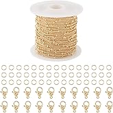 Pandahall Brass 14K Gold Plated Satellite Chains 16.4 Feet Necklace Chains for Jewelry Making & Golden Lobster Claw Clasps Open Jump Ring for Men Women DIY Bracelet Jewelry Making