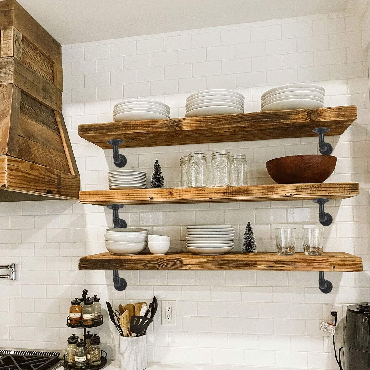 Industrial Pipe Shelf Brackets for Shelves 8 10 12 Inch, Black Metal L Pipe Floating Shelf Bracket - Heavy Duty Decorative Wall Shelving Bracket Rustic Farmhouse Vintage Style - 6 Pack: Home Improvement