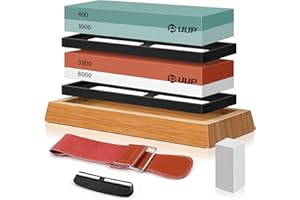 7PCS Knife Sharpening Stones, UUP Whetstone Sharpener Kit with Premium 4 Sides 400/1000 3000/8000 Grit Wet Stone Set, Leather Strop, Angle Guide, Flattening Stone for Kitchen Pocket Knife, Blade, Gift