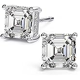 18K White Gold Plated Sterling Silver Asscher Cut Cubic Zirconia Stud Earrings for Women Men | Square CZ Stud Earrings Simulated Diamond Earrings Studs