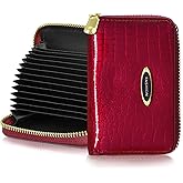 ANEW Credit Card Holder for Women, Small Wallet with Zipper, Card Hold Case Coin Purse, Patent Genuine Leather Wallet Card Case (Red)