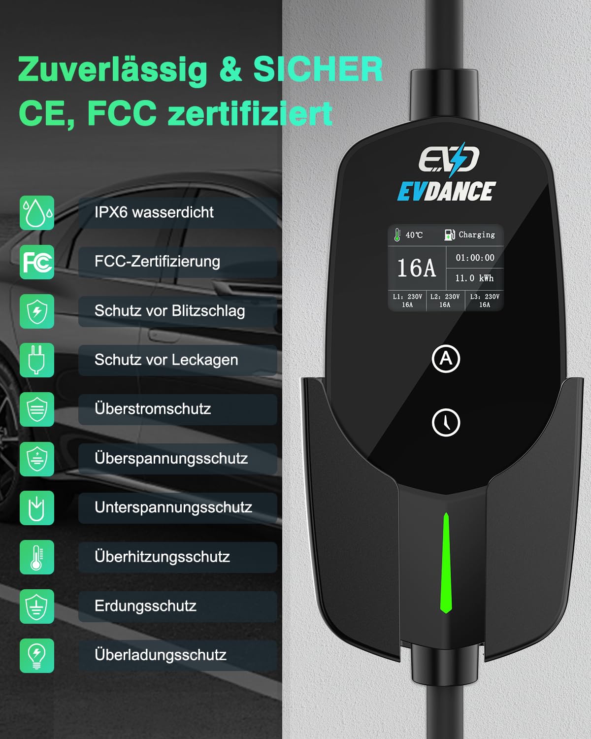 EVDANCE Mobile Wallbox 11kW [7.8m 3-Phasig 6-16A] Typ 2 Ladekabel CEE 16A auf Typ 2 mit Einstellbarer Ladeleistung für Elektroauto 3