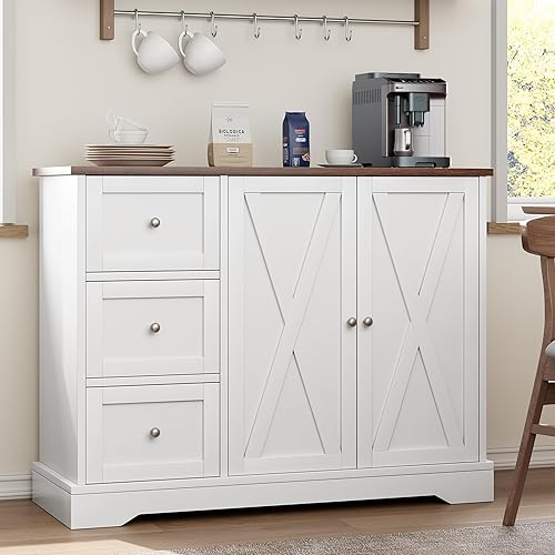 GarveeHome Buffet Cabinet with Storage, Farmhouse Kitchen Cabinet with 3 Drawers and 2 Doors for Kitchen, Dining Living Room, White