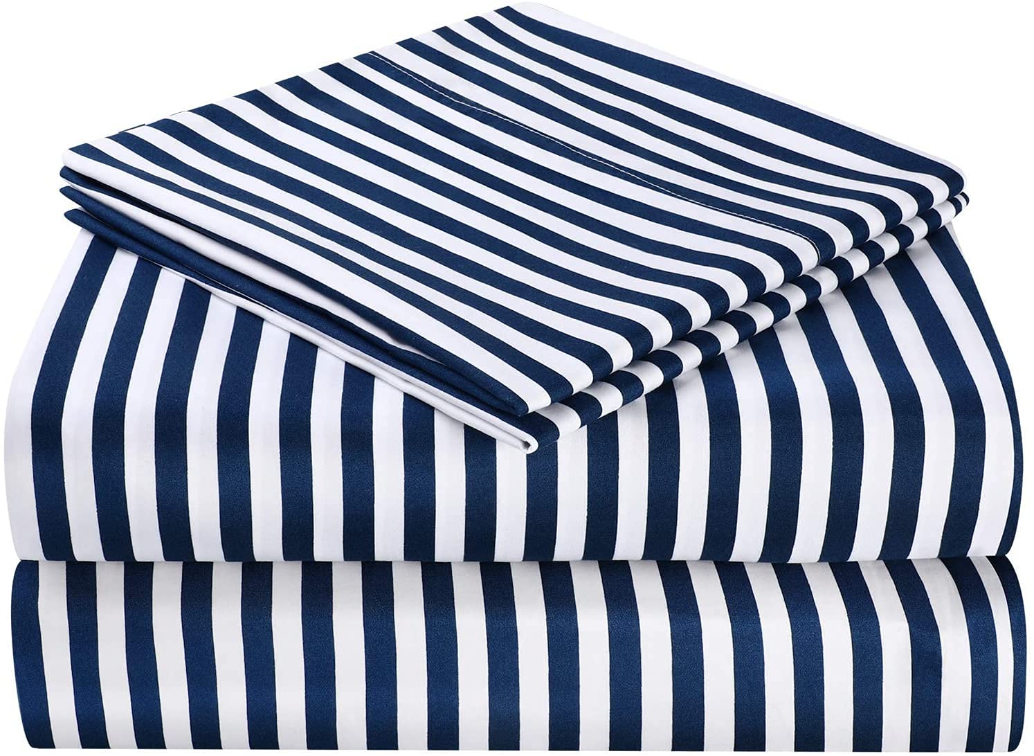 HOMEIDEAS 4 Piece Bed Sheets Set, Extra Soft Brushed Microfiber Fabric Bedding Sheets, Wrinkle & Fade Free - Flat Sheet, Fitted Sheet with 2 Pillowcases(Super King, Navy Pinstripe)