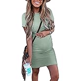 Peauty Maternity Ribbed Crew Neck Bodycon Dress Short Sleeve Baby Shower Dress Casual Lounge Pregnancy Dress