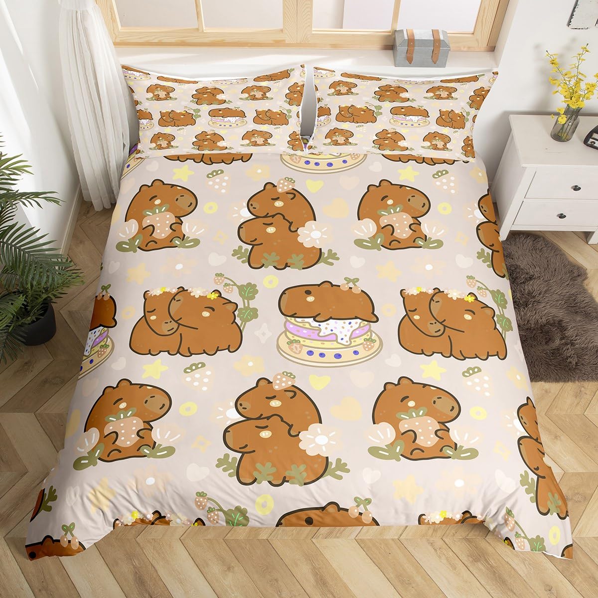 Homewish Cute Capybara Duvet Cover Single, Strawberries Bedding Set, Kawaii Animal Cartoon Cake Comforter Cover, Funny Wildlife Rodent Green Brown Bedroom Decor Quilt Cover for Children