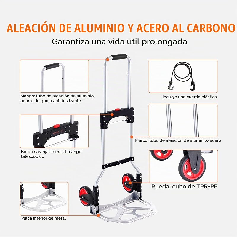 Carretilla de Mano Plegable de Aluminio Carga de 80 kg Carro de Mano de Alta Resistencia con Ruedas de Goma Mango Telescópico para Transporte Doméstico, Mercancías de Almacén Supermercado