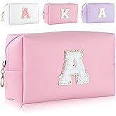 MSQ Personalized Makeup Bag Initial A-Z Patch Bag, PU Leather Cosmetic Bag Pouch Travel Toiletry Bag with Zipper, Gift Ideal for Teen Girls Friend Mom Women Birthday(Pink A)