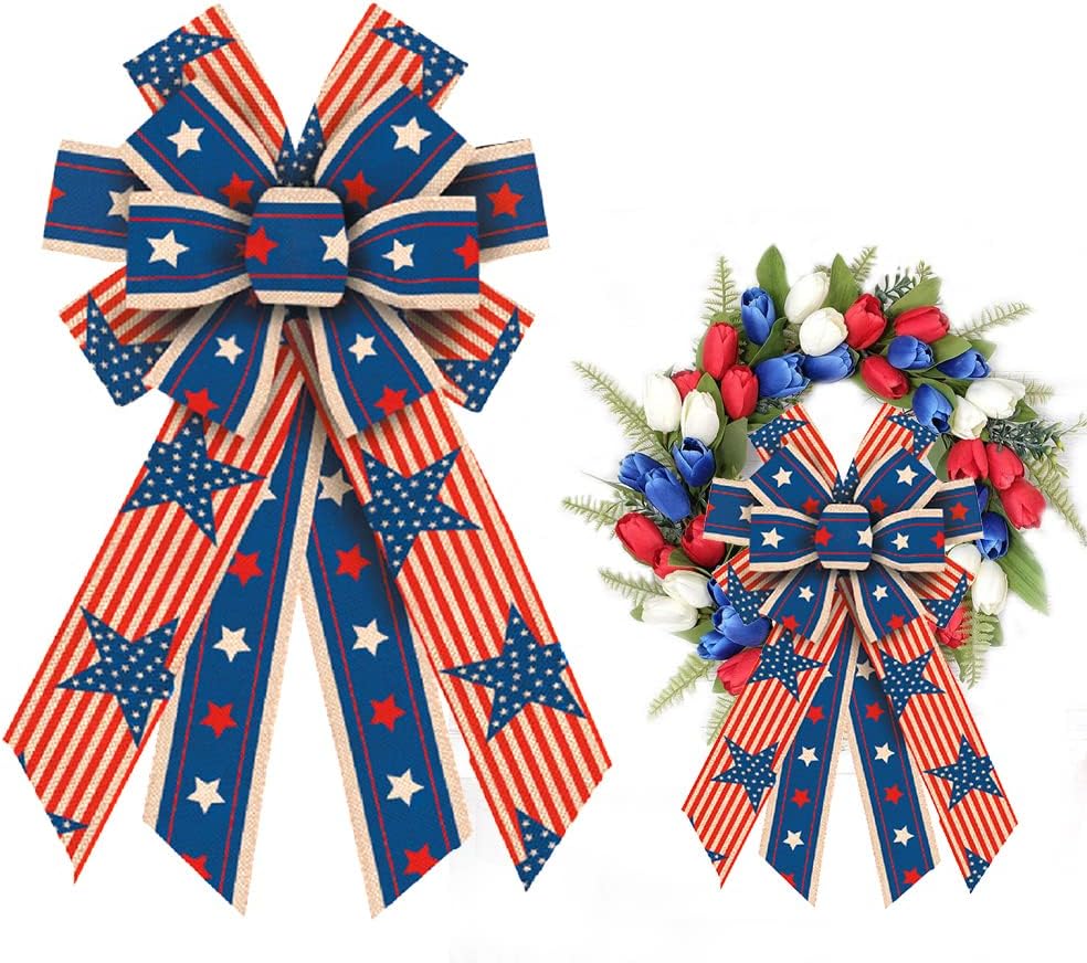 Bows & Ribbons - ALIBBON Large Patriotic Bows for Wreath, 4th of July Wreath Bows, Stars Stripes Wreath Bows for Front Door, 4th of July Decor, Independence Day Burlap Bows for Wreath Indoor Outdoor Wall Decorations