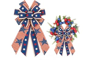 ALIBBON Large Patriotic Bows for Wreath, 4th of July Wreath Bows, Stars Stripes Wreath Bows for Front Door, 4th of July Decor, Independence Day Burlap Bows for Wreath Indoor Outdoor Wall Decorations