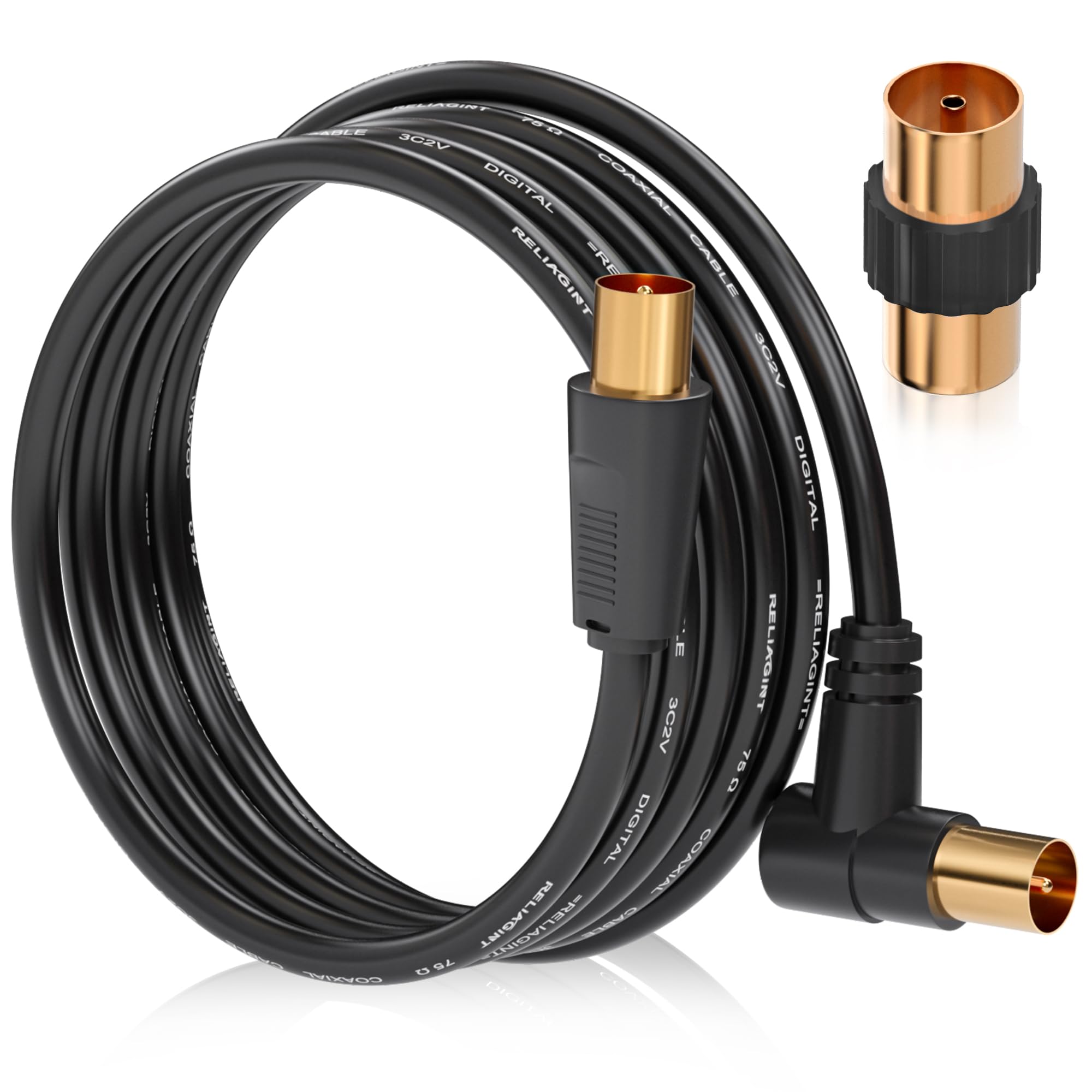 RELIAGINT TV Aerial Cable 1.5m, 75 Ohm Coaxial Lead, IEC 9.5mm Male to Male 3C2V Pure Copper Dual Shielded, Right-Angle Connector, Female to Female Adaptor Included, Black