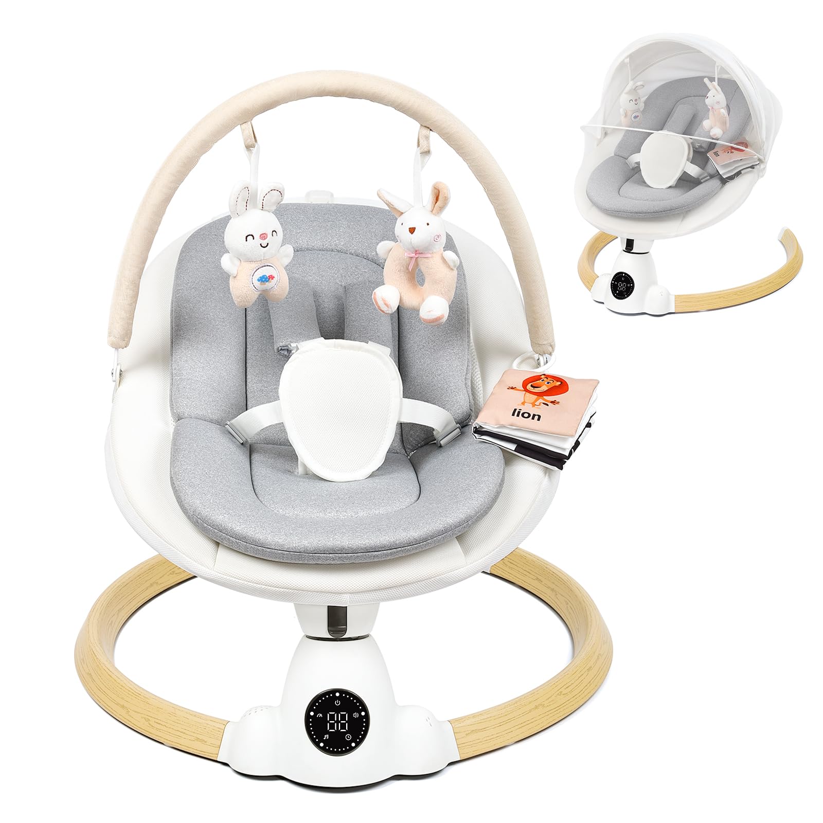 Photo 1 of Baby Swing for Infants, Portable Electric Baby Swings with Bluetooth, 5 Swing Speed, 10 Lullabies, 5-Point Harness, Remote Control & Touch Panel - Infant Swing for Indoor & Outdoor Use, Wood Grain