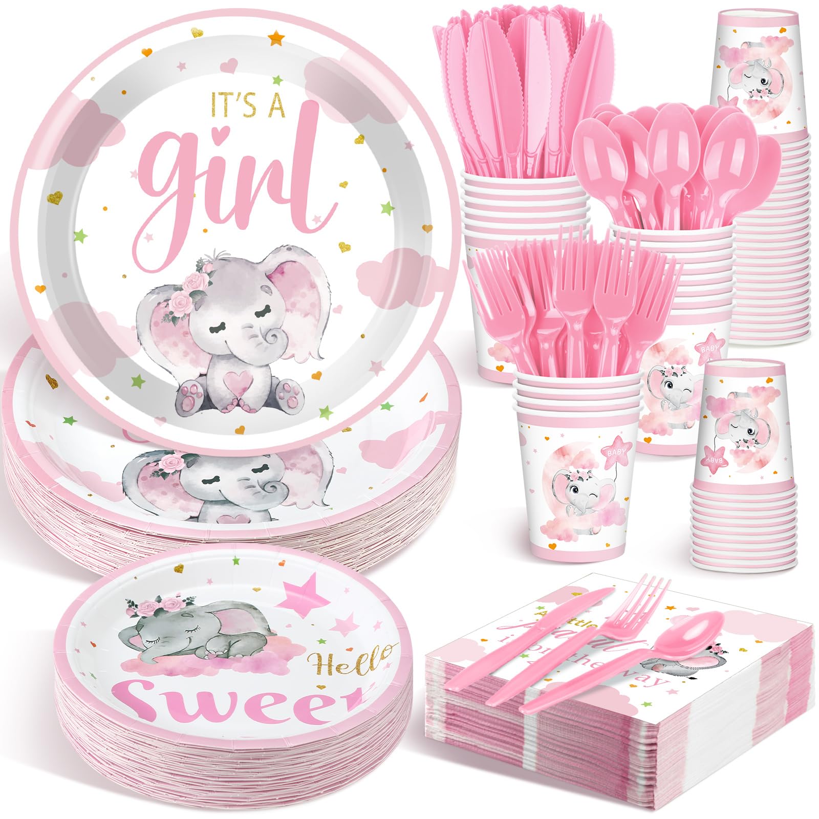 Assiettes Carton Baby Shower Éléphant Rose - Lot De 8 Assiettes 23 Cm - Thème éléphant Et Cœurs Pour Fête Prénatale Fille - 11