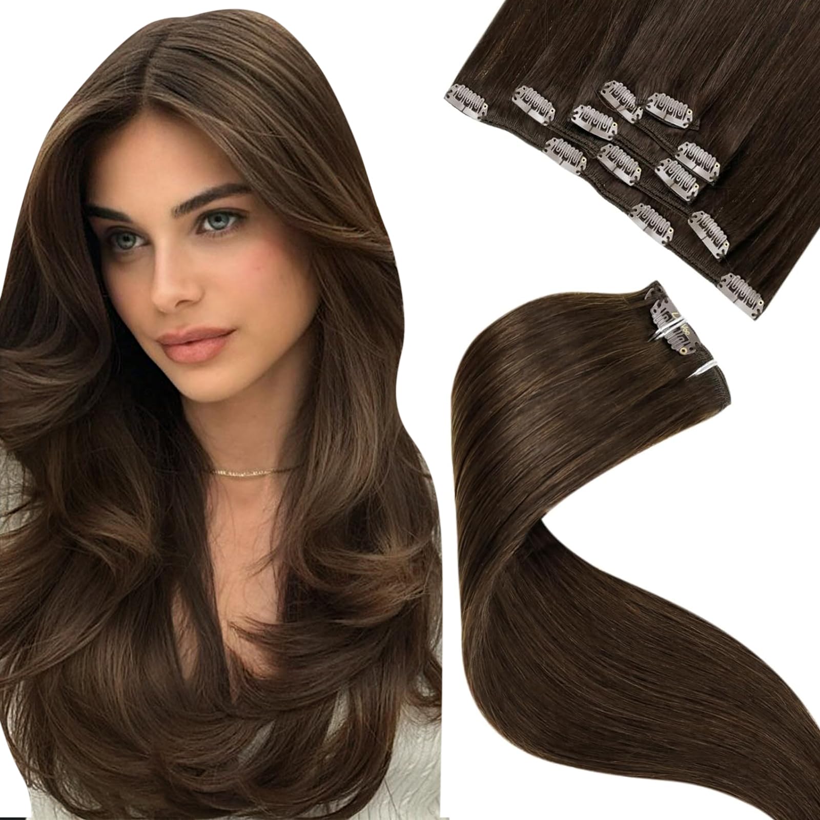 LaaVoo Hair Extensions Clip in Real Human Hair Brown Clip in Hair Extensions Dark Brown Remy Straight Hair Full Head Double Weft 80g 5pcs 16 Inch #4