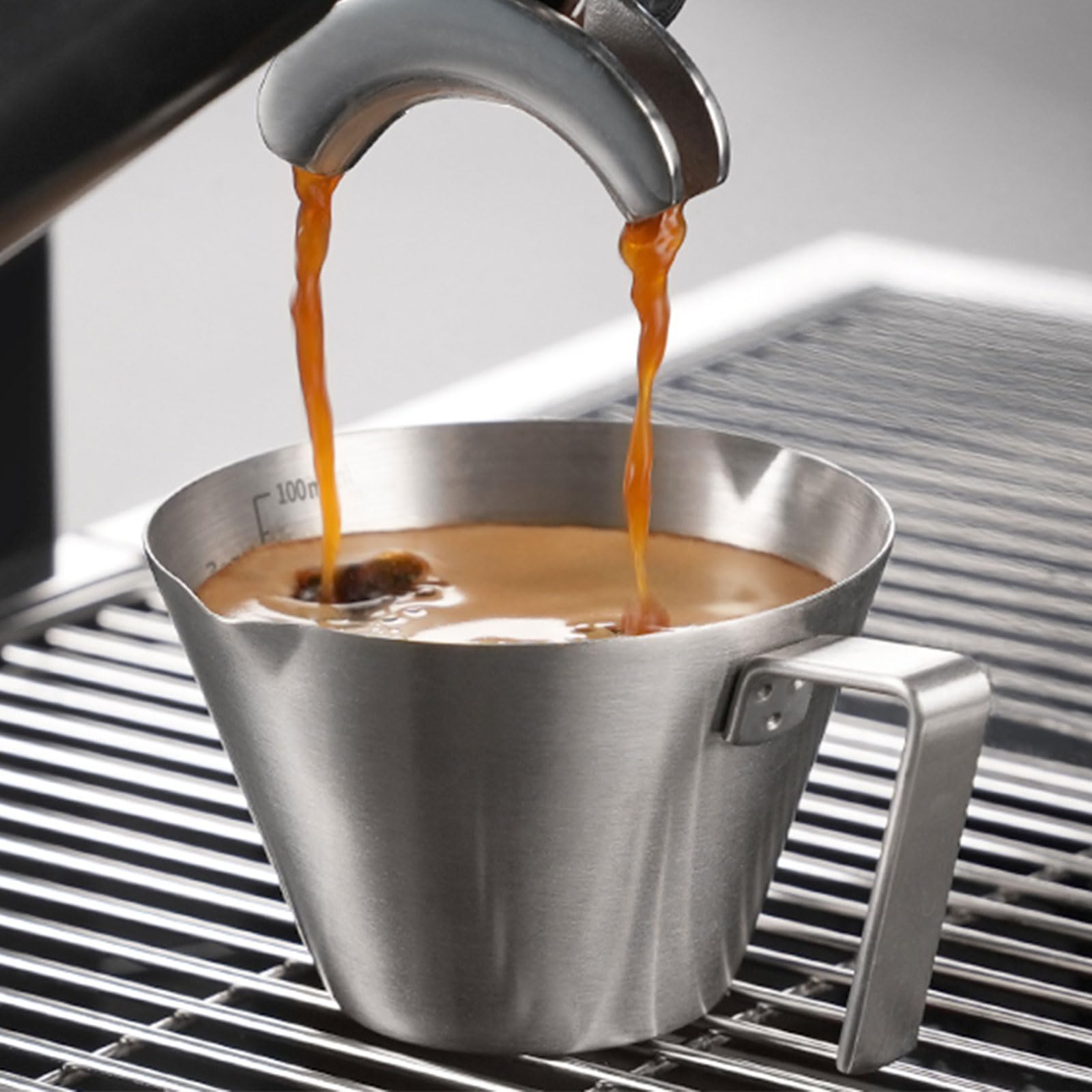 YARRAMATE Espresso Cup with Handle - Stainless Steel Accessories, Double Spout Metal Measuring Cup with Dual Scale, Shot Pitcher with V-Shaped Mouth, 3.4OZ/100ML