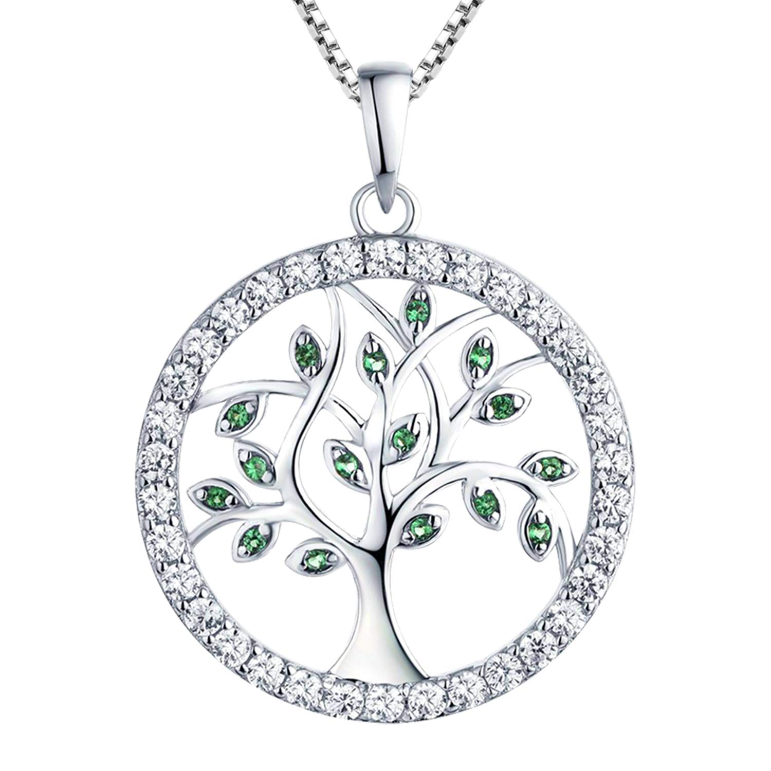 YL Tree of Life Necklace 925 Sterling Silver Family Tree Simulated Emerald Green Pendant Necklace Gift for Women Girlfriend,45-48CM — image 1