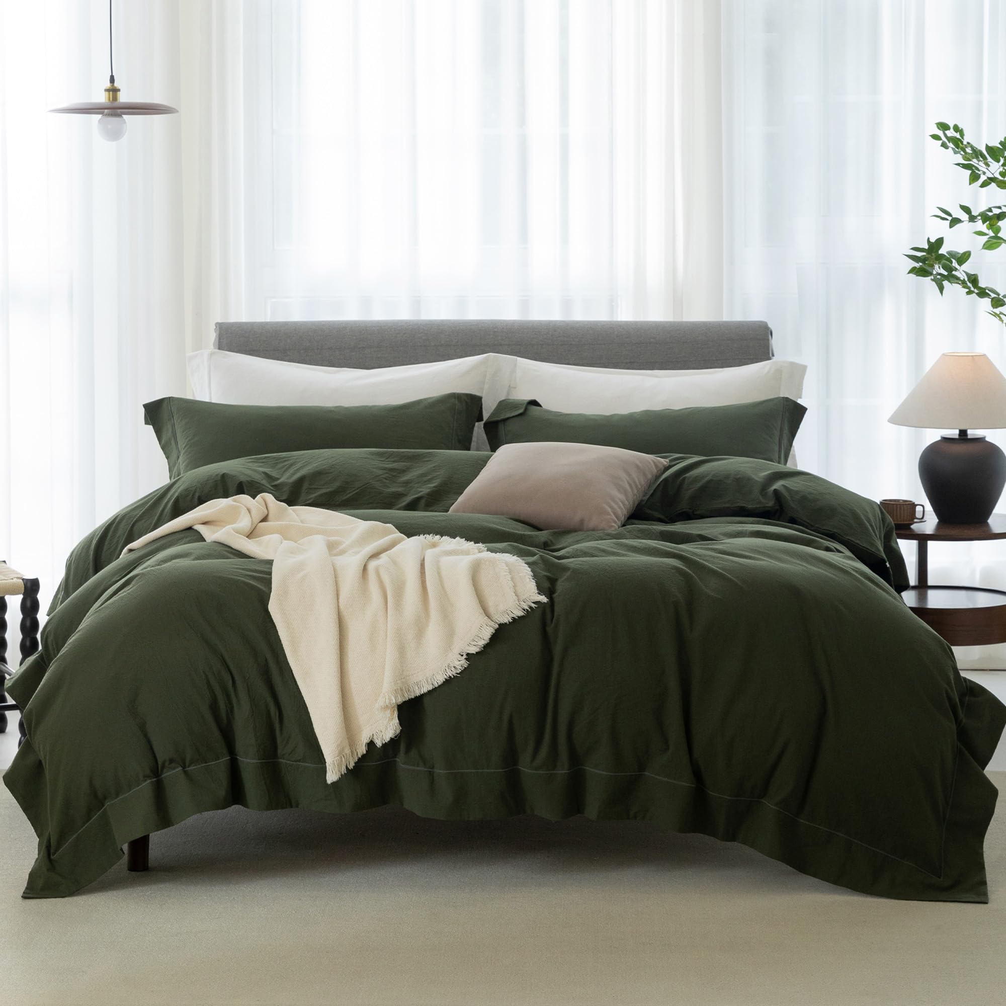 Photo 1 of ELIMMO Cooling Duvet Cover Set 3 Pieces-100% Washed Cotton with Chic Wide Trim Design Linen Like Textured Ultra Soft Cozy Bedding with Zipper Closure(Hemmed Olive Green,Oversized King 120"x98")
