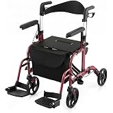 GYMAX 2 in 1 Folding Rollator Walker, 4-Wheel Aluminum Walker with Reversible Backrest, Adjustable Height &amp; Cane/Umbrella Holder, Portable Rolling Wheelchair for Adults Seniors (Red)