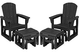 SERWALL Outdoor Glider Chair Set of 2 with Ottoman, HDPE Wood-Like Patio Glider Set All-Weather Porch Glider for Outside, Black