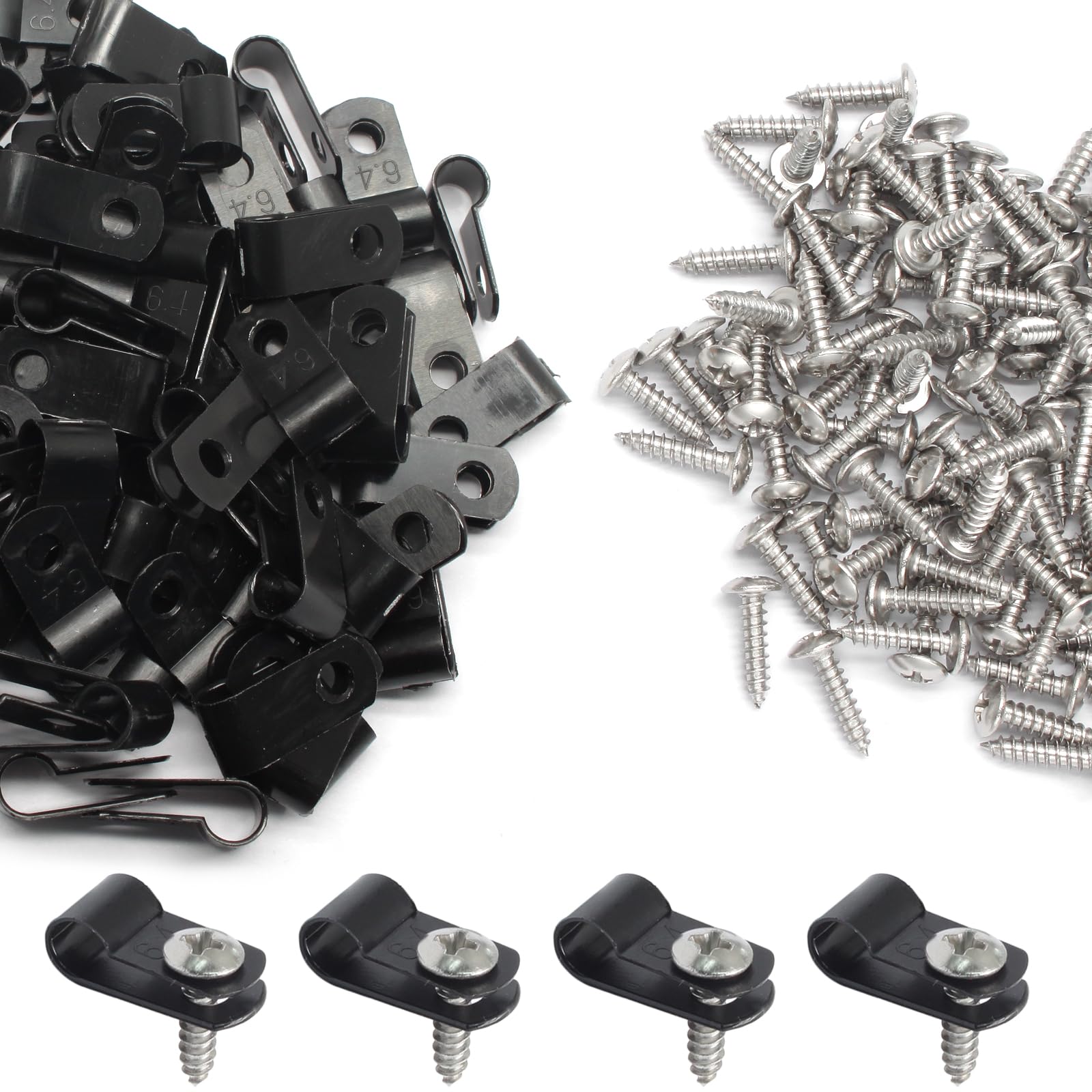 Photo 1 of 100 Pcs 1/4 Inch Black Nylon Screw Mounting R-type Cable Clip Wire Clamp, 6.4mm Cable Clip Wire Clamp for Wire Management, Stainless Steel Screws Includedc