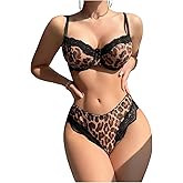 OYOANGLE Women's Leopard Print Lingerie Set Lace Padded Underwire Bras with Mid Rise Panty Set