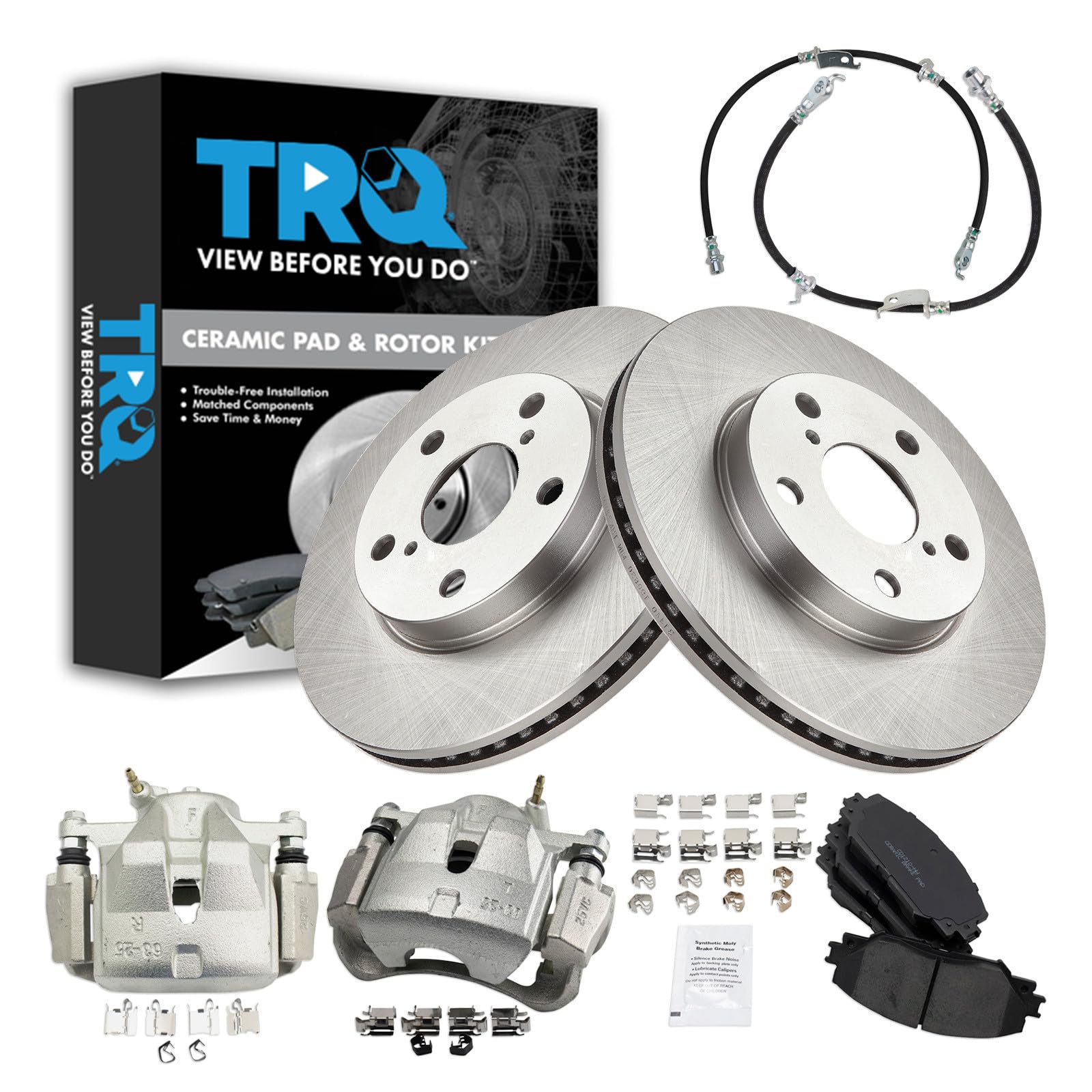 TRQ Front Brake Pad and Rotor Set Ceramic Calipers Compatible with 2010-2012 Lexus HS250h 2011-2017 Toyota RAV4 Image