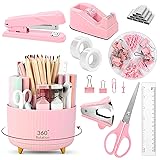 SKYDUE Pink Desk Accessories 10Pcs, 360-Degree