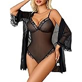 Avidlove Lingerie for Women Sexy Lace Bodysuit Robe Set 2 Piece Mesh Teddy Kimonos Sleepwear Boudoir Outfits S-XXL