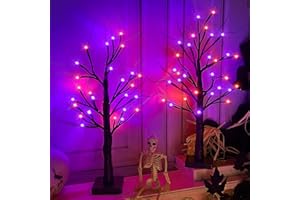TURNMEON 2 Pack 24 Inch Orange & Purple Lighted Halloween Birches Tree Decor with Timer Total 48 LED Battery Operated Tabletop Artificial Black Spooky Tree Halloween Decorations for Indoor Home Holiday Party