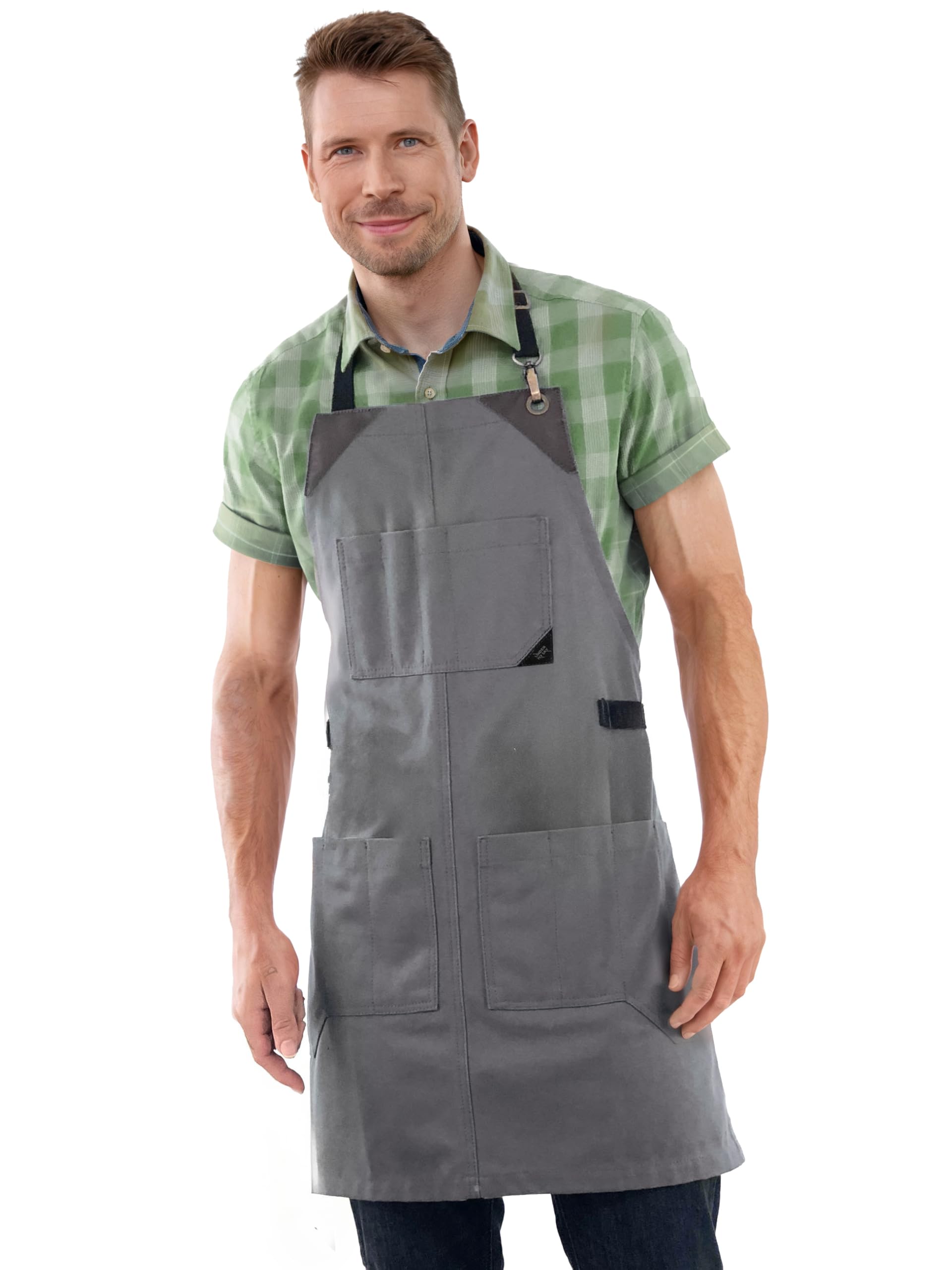 Under NY Sky Knife-Roll Steel Gray Apron – Heavy-Duty Canvas, Leather Reinforcement – Adjustable for Men and Women – Pro Chef, Barbecue, Butcher, Bartender, Woodworker, Tool Aprons