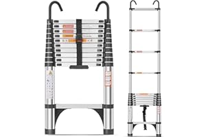 DEZEX Telescoping Ladder 10.5 FT,Aluminum Lightweight Extension Ladder with 2 Triangle Stabilizers and 2 Detachable Hooks, 330 lbs Max Capacity Collapsible Ladder for Home, RV and Outdoor
