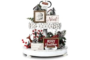 Yalikop 20 Pcs Red and White Christmas Tiered Tray Decor Set Neutral Farmhouse Christmas Snowflake Xmas Tree Wood Sign Rustic Farmhouse Tray Home Decoration Tabletop Sign for Winter Kitchen Festival