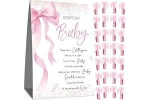 Pink Bow Shower Decorations, Don't Say Baby baby Showers Game,1 Sparkle Decor Sign and 50 Pink Bow Clothespins, Babies shower