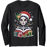 Christmas Sugar Skull Art Woman Santa Hat Festive Design Long Sleeve T-Shirt
