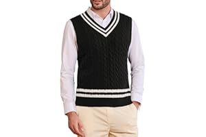 Kallspin Men's Sweater Vest Pure Cotton V Neck Knit Sleeveless Vest Preppy College Style Cable Knit Vest for Men